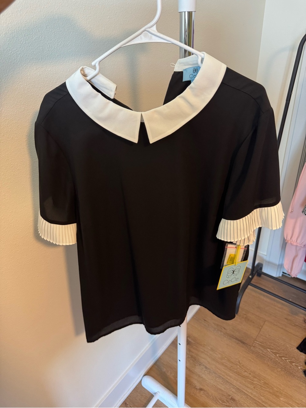 CeCe Rich Black Peter Pan Collar Pleated Ruffle Sleeve Blouse Women's XL NWT
